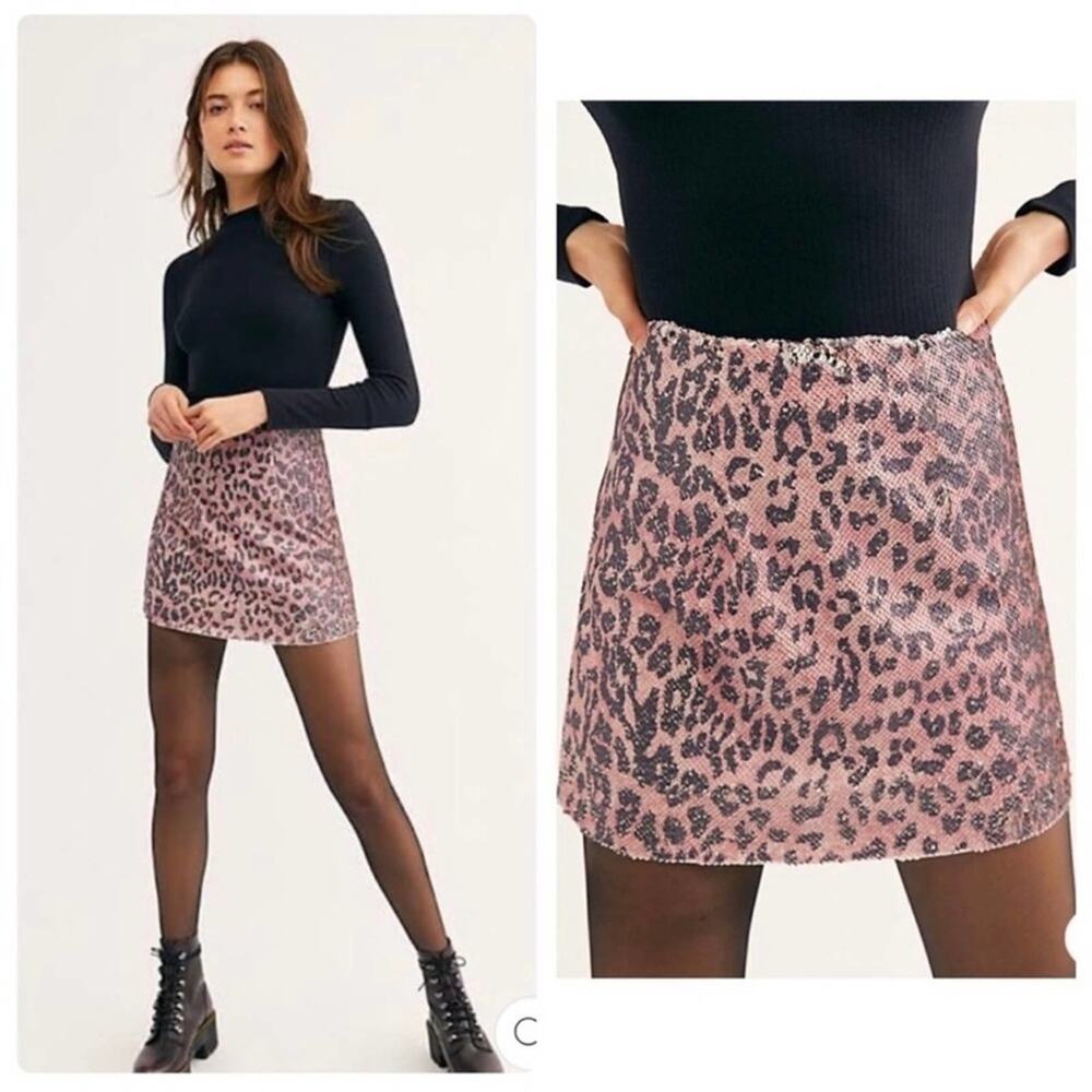 NWT Free People Skinny Sequin Mini Skirt Pink Cheetah  Size 8